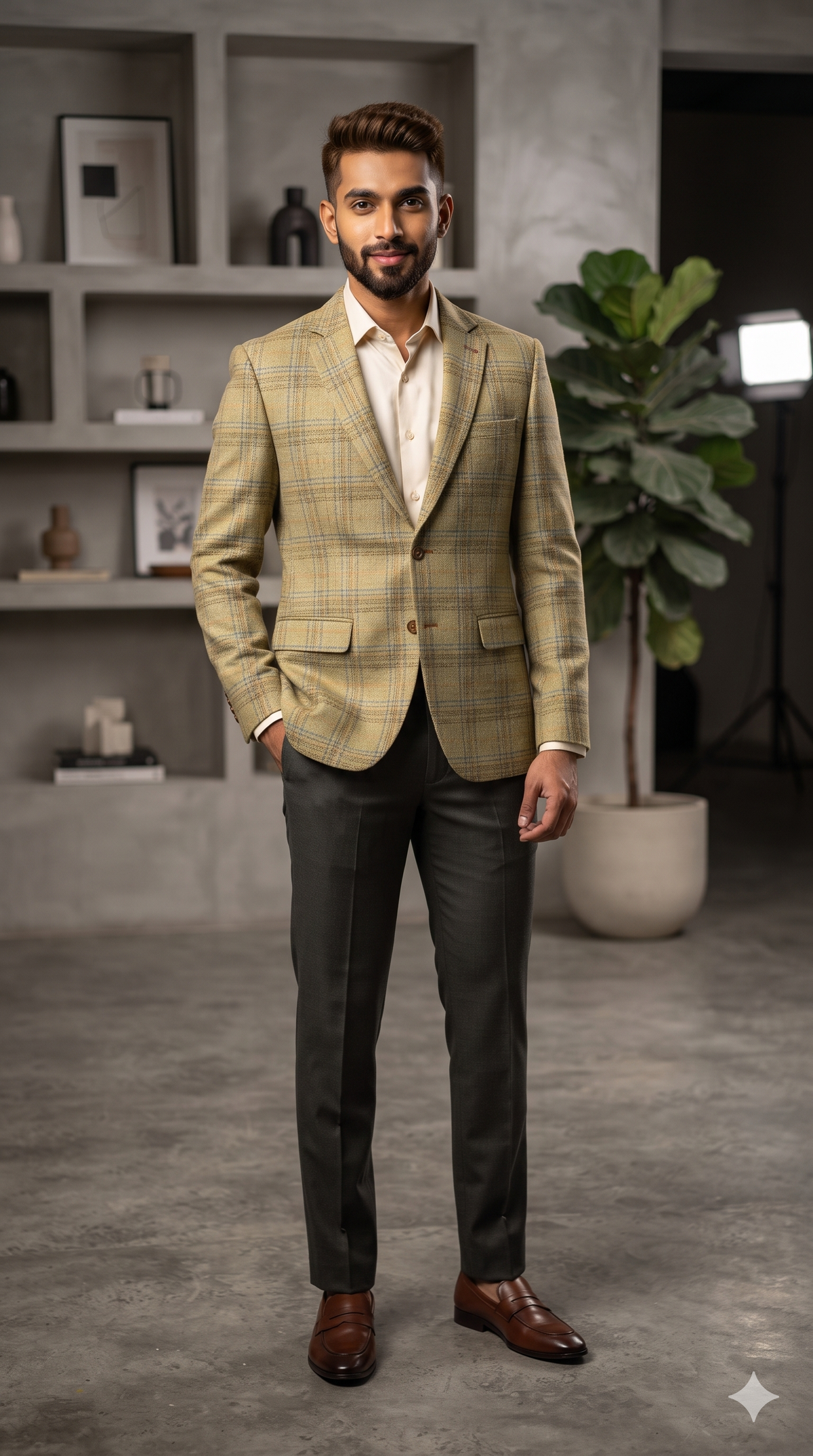 Tweed Blazer Fabric OCM Premium Wool Blended Fancy Grid Check Colour Light Yellow N Blue