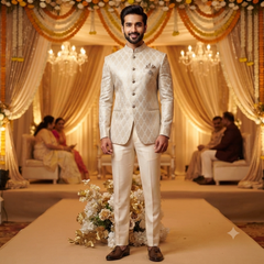 Reid & Taylor Jacquard Premium Bandhgala Fabric Colour Soft Cream