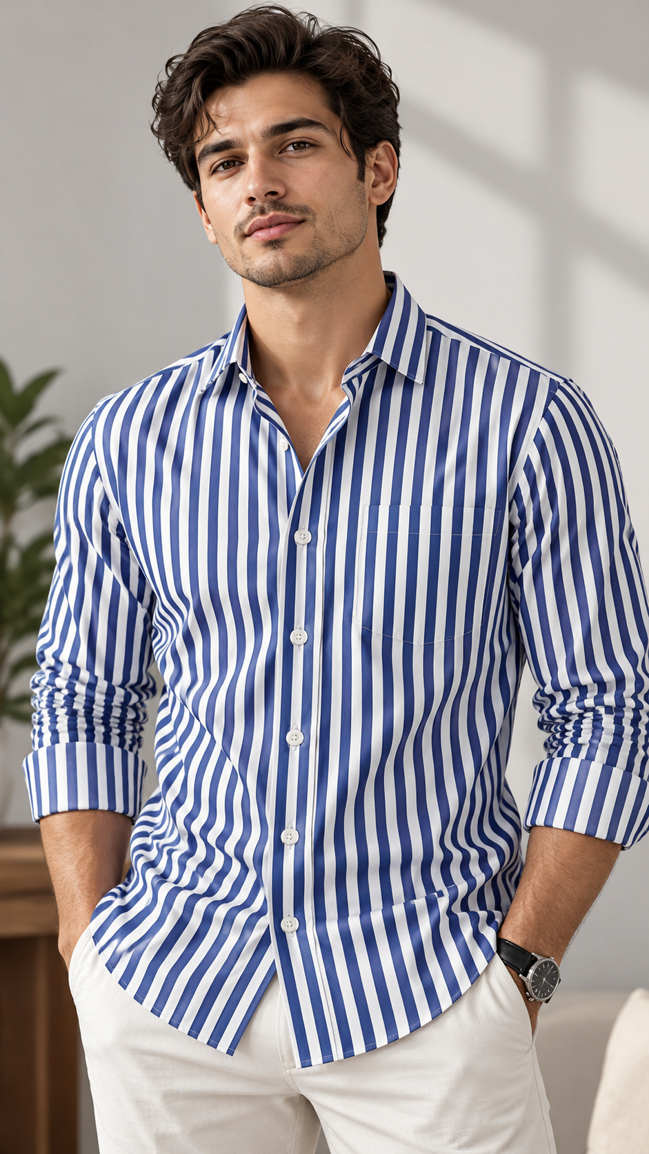 Shirt Fabric Soktas 140/2 Giza Cotton Bengal Stripe Colour Dark Blue N White