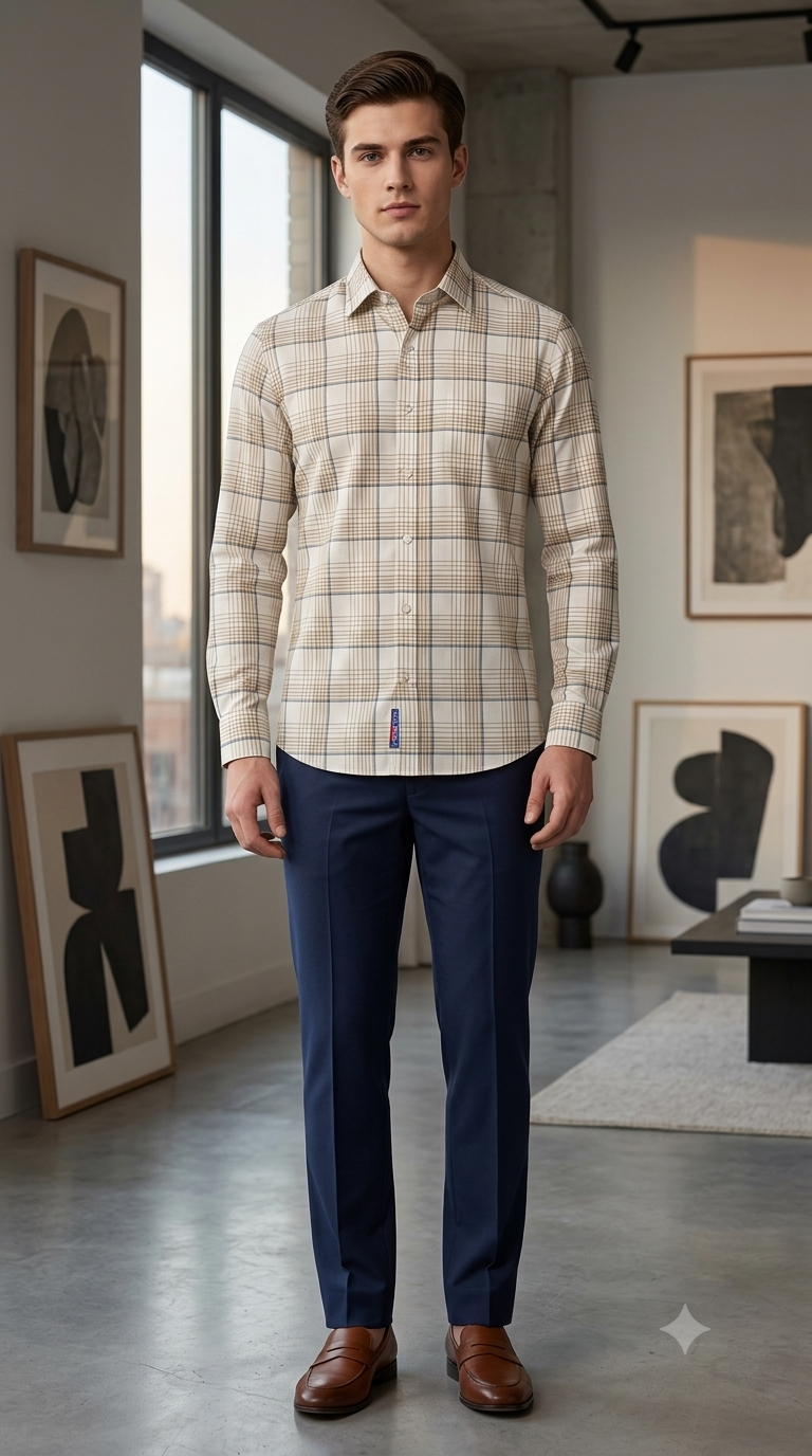Shirt Fabric Donear LA Finish Premium Giza Cotton Tartan Check Colour Brown Cream