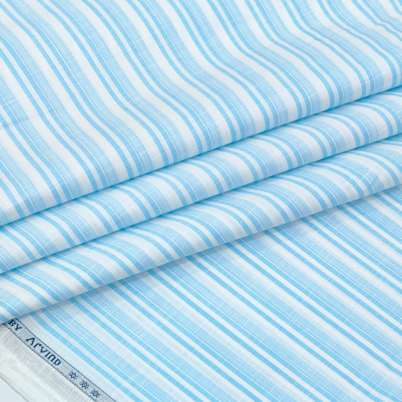 Shirt Fabric Arvind 100% Pure Cotton Bengal Stripes Colour Sky Blue N White