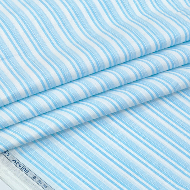 Shirt Fabric Arvind 100% Pure Cotton Bengal Stripes Colour Sky Blue N White