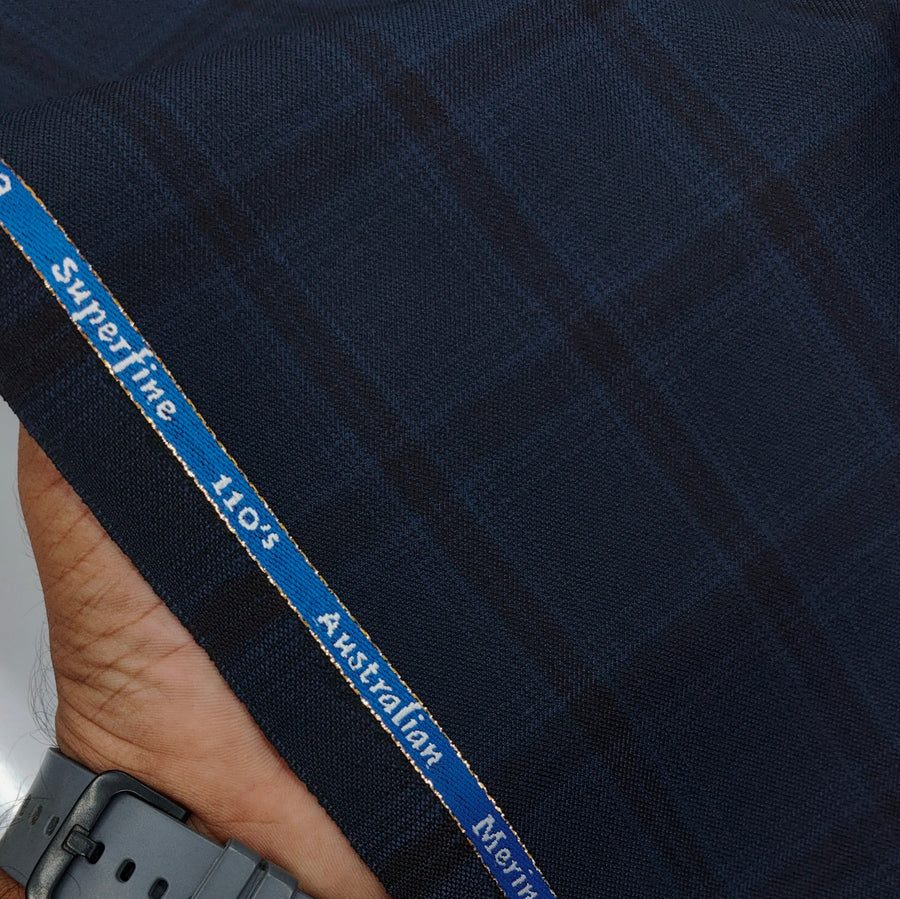 Trouser Fabric Canetti Italy Merino 110s Wool Blend Broad Check Colour Space Blue