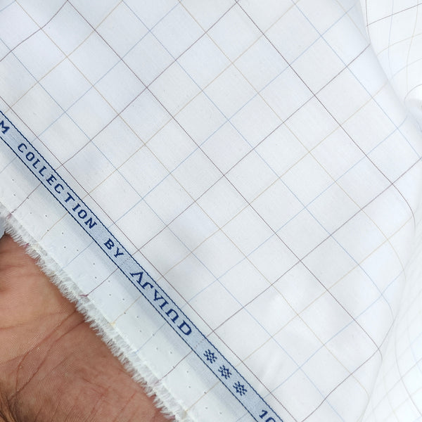 Shirt Fabric Arvind 100% Pure Cotton Mix check Colour white, Blue, Brown