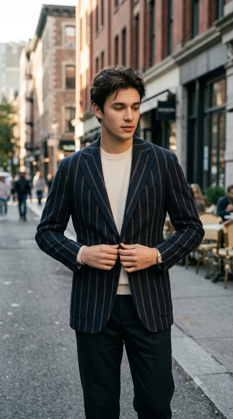 Tweed Blazer Fabric Reid N Taylor Premium 100% Wool Chalk Stripe Colour Bronze Brown N Space Blue