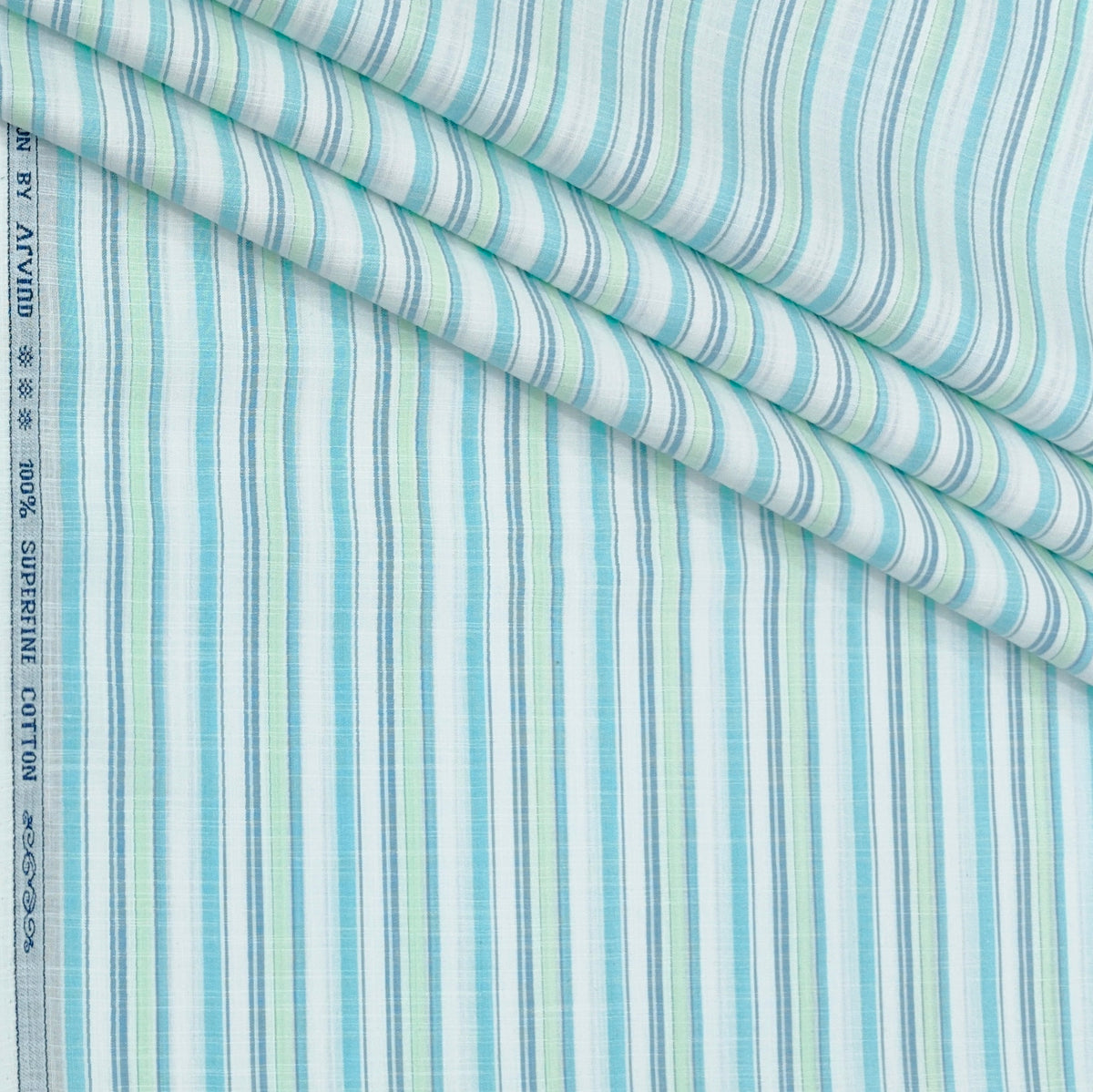 Shirt Fabric Arvind 100% Pure Cotton Multi Vertical Stripes Colour Mint Green N White