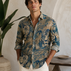 Shirt Fabric Raymond Regio Italia 100% Silk Digital Jungle Tiger Printed Colour Teal Green