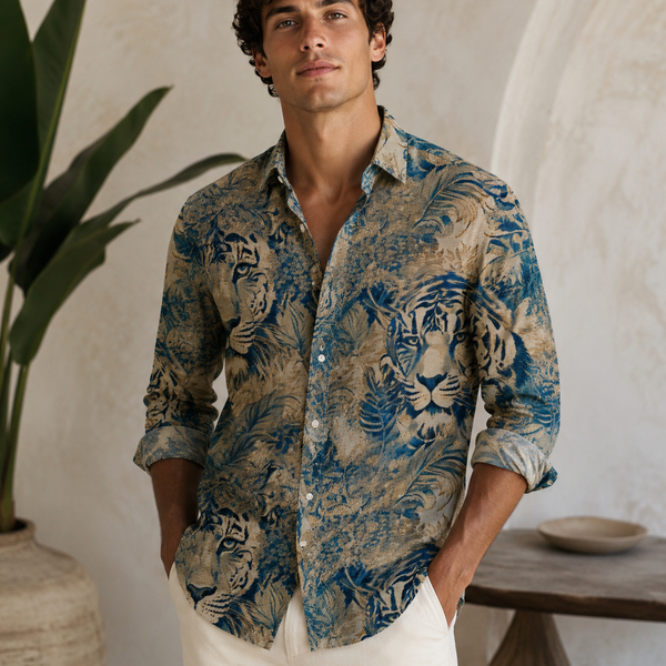 Shirt Fabric Raymond Regio Italia 100% Silk Digital Jungle Tiger Printed Colour Teal Green