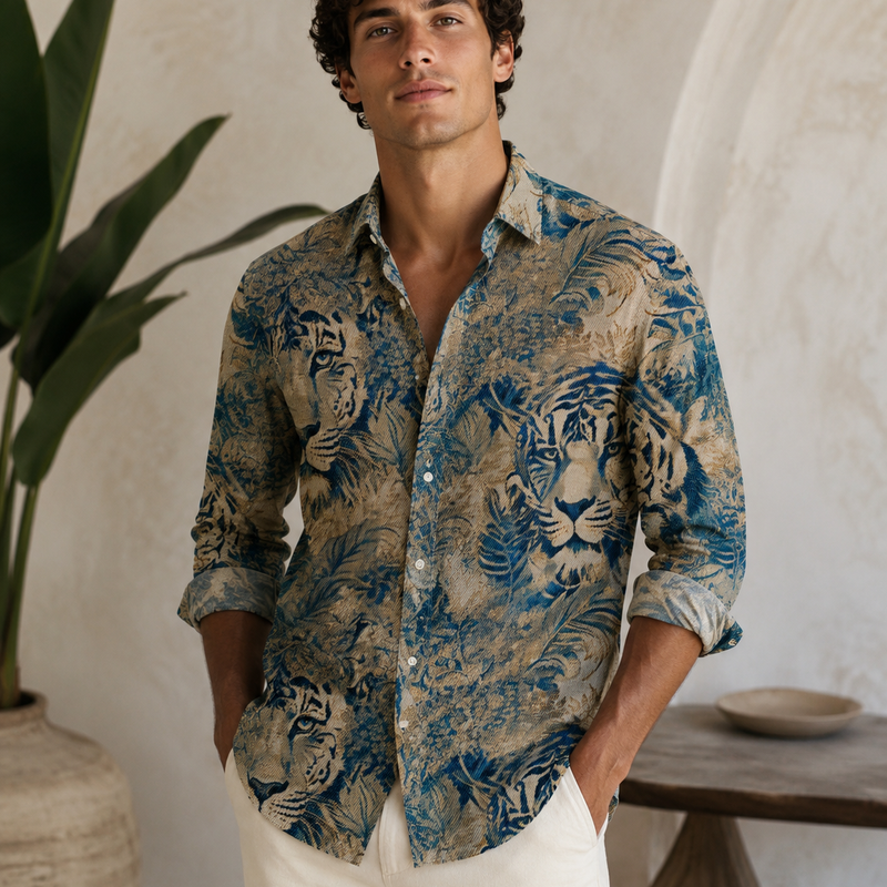 Shirt Fabric Raymond Regio Italia 100% Silk Digital Jungle Tiger Printed Colour Teal Green