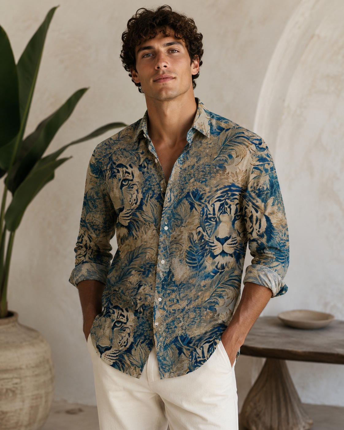 Shirt Fabric Raymond Regio Italia 100% Silk Digital Jungle Tiger Printed Colour Teal Green