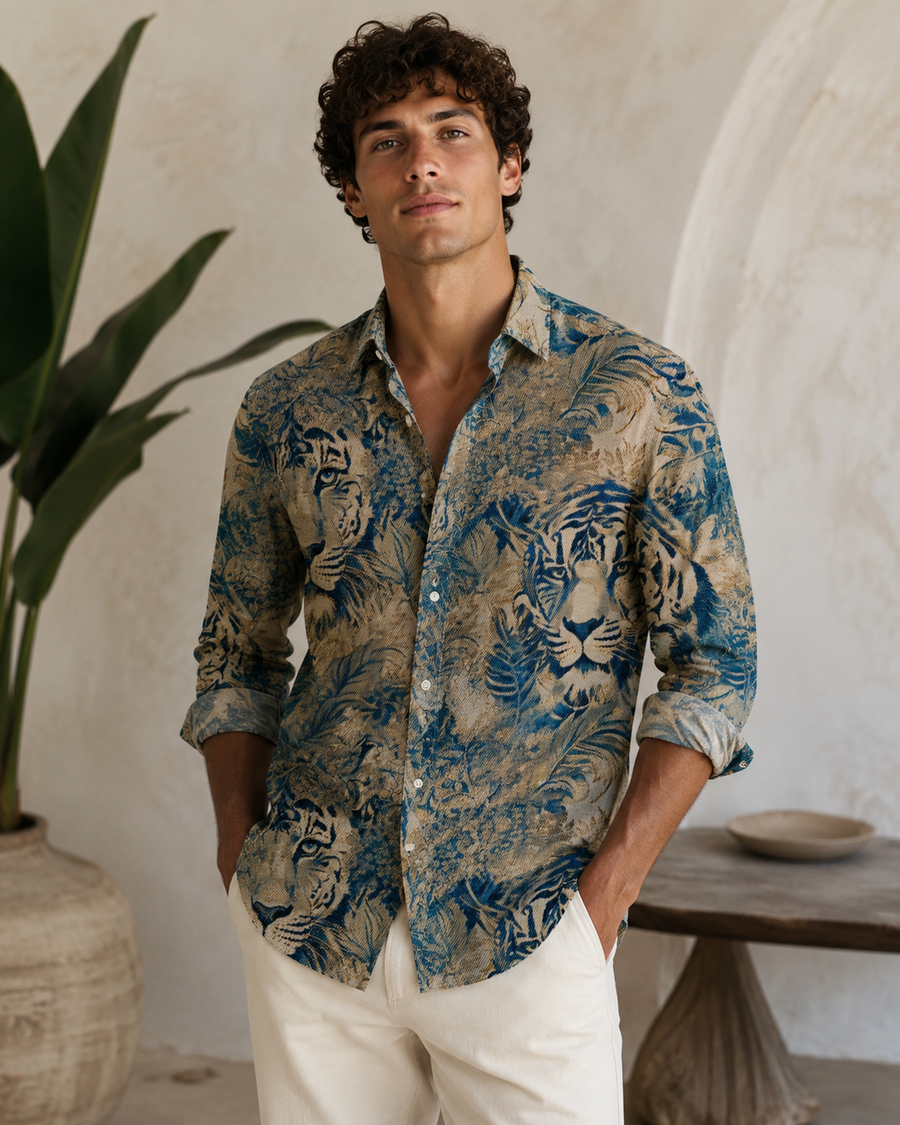 Shirt Fabric Raymond Regio Italia 100% Silk Digital Jungle Tiger Printed Colour Teal Green