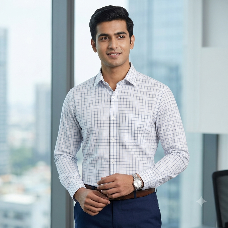 Shirt Fabric Arvind 100% Pure Cotton check Colour white, Blue