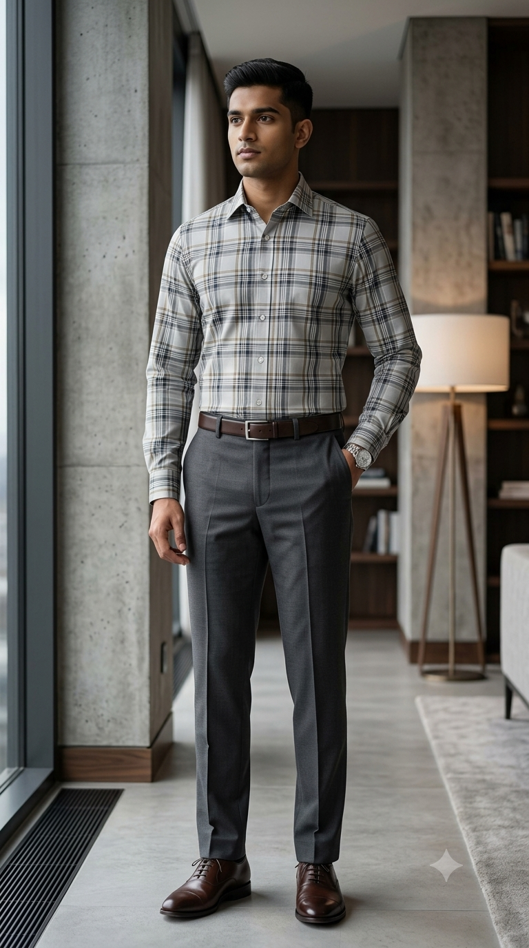 Shirt Fabric Donear LA Finish Premium Giza Cotton Tartan Check Colour Beige N Ash Brown