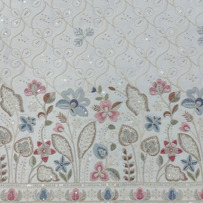 Kurta Fabric ManTire Designer Silk Floral Sequins Embroidery Colour White