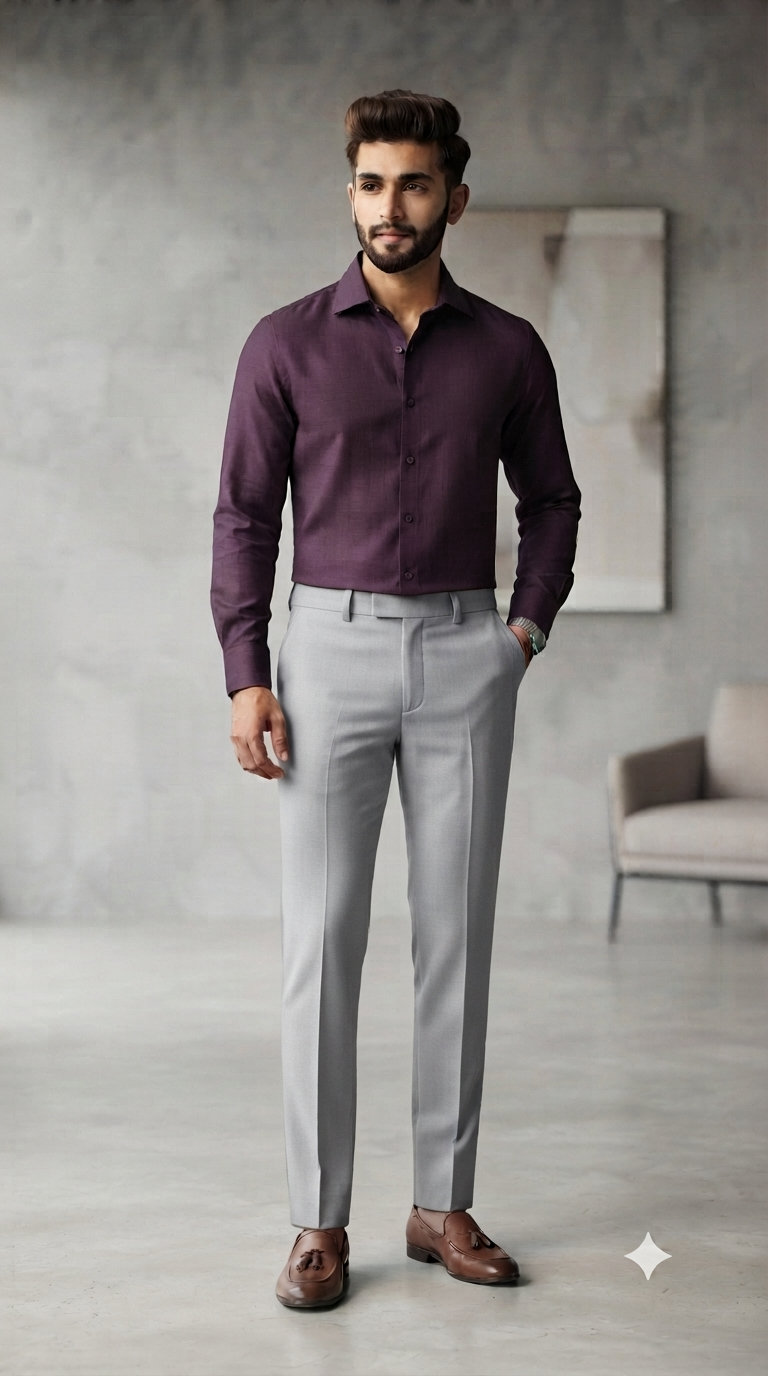 Combo Raymond Silver Plain Trouser Fabric And Mantire Poly Cotton Dark Purple Shirt Fabric