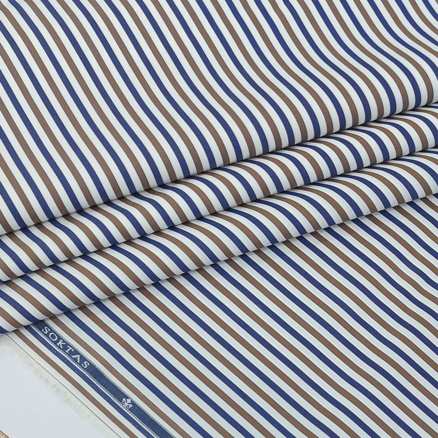 Shirt Fabric Soktas 140/2 Giza Cotton Track Stripe Colour Chocolate Brown, Dark Blue N Crisp White