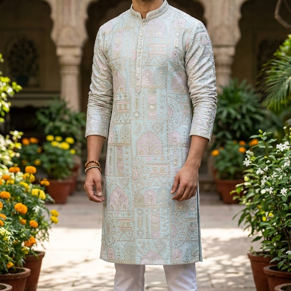 Kurta Fabric ManTire Designer Silk Jaal Embroidery Colour Seafoam Green