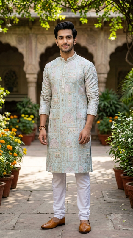 Kurta Fabric ManTire Designer Silk Jaal Embroidery Colour Seafoam Green