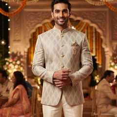 Reid & Taylor Jacquard Premium Bandhgala Fabric Colour Myst Cream