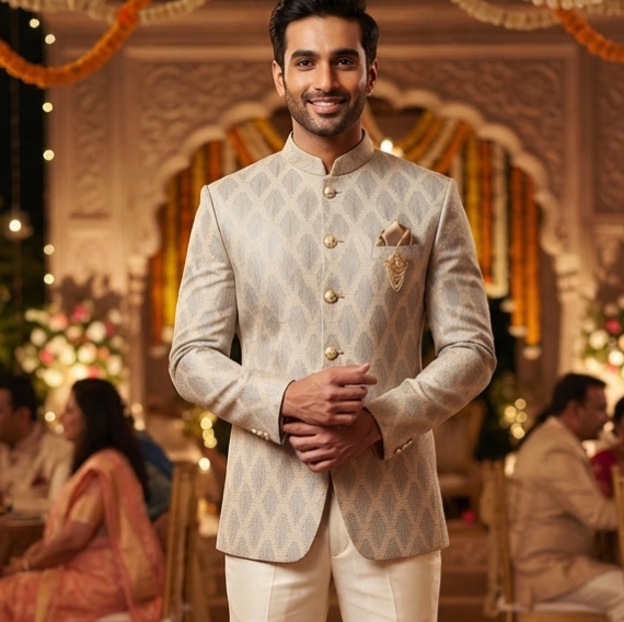 Reid & Taylor Jacquard Premium Bandhgala Fabric Colour Myst Cream