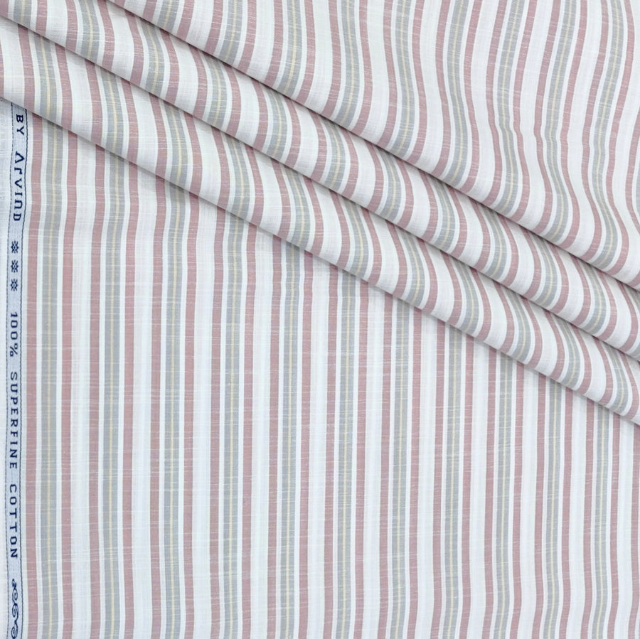 Shirt Fabric Arvind 100% Pure Cotton Vertical Stripes Colour Dusty Pink N White