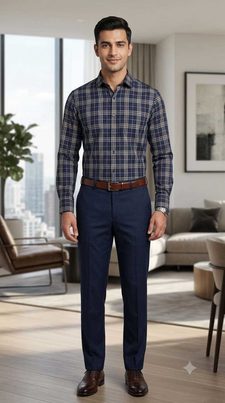 Shirt Fabric Donear LA Finish Premium Giza Cotton Tartan Check Colour Dark Navy Blue
