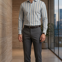 Shirt Fabric Arvind 100% Pure Cotton Multi Vertical Stripes Colour Slate Grey N Off White