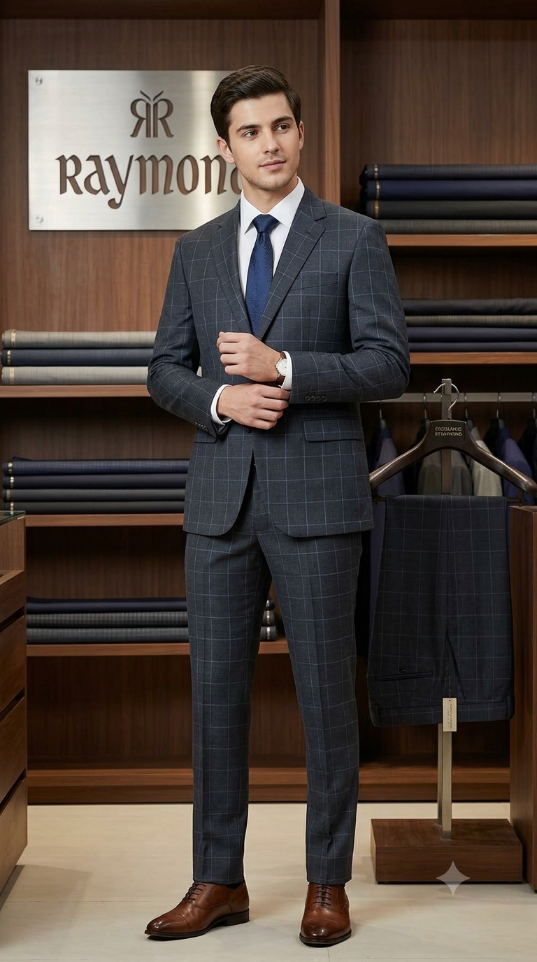 Suit Fabric Raymond Super Luxurious 40% Rich Wool Broad Check Color Greyish Blue