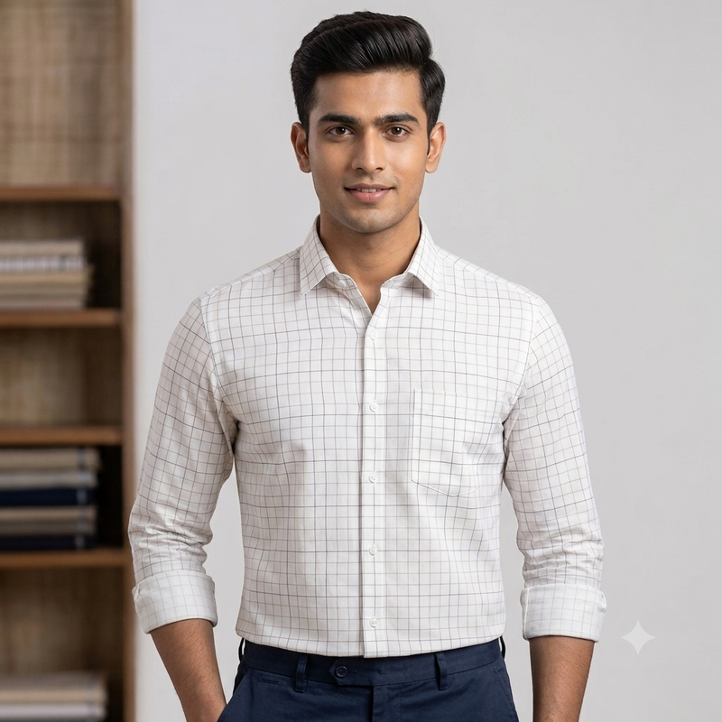 Shirt Fabric Arvind 100% Pure Cotton Mix check Colour white, Blue, Brown