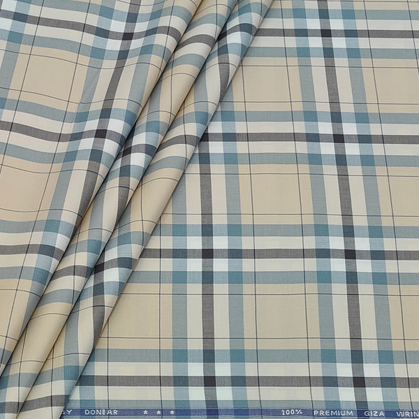 Shirt Fabric Donear LA Finish Premium Giza Cotton Tartan Check Colour Beige N Greyish Blue