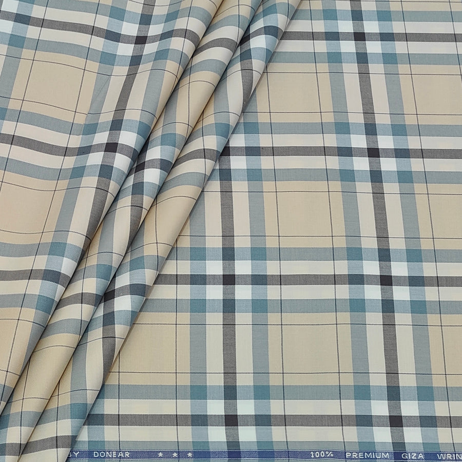 Shirt Fabric Donear LA Finish Premium Giza Cotton Tartan Check Colour Beige N Greyish Blue