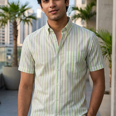 Shirt Fabric Arvind 100% Pure Cotton Multi Stripes Colour Lime Green N Off White