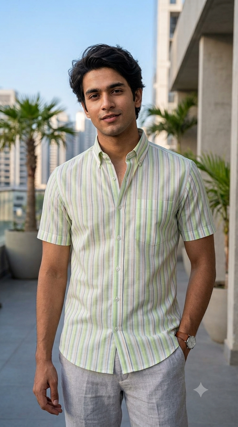 Shirt Fabric Arvind 100% Pure Cotton Multi Stripes Colour Lime Green N Off White