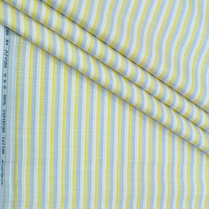 Shirt Fabric Arvind 100% Pure Cotton Vertical Stripes Colour Butter Yellow N Grey