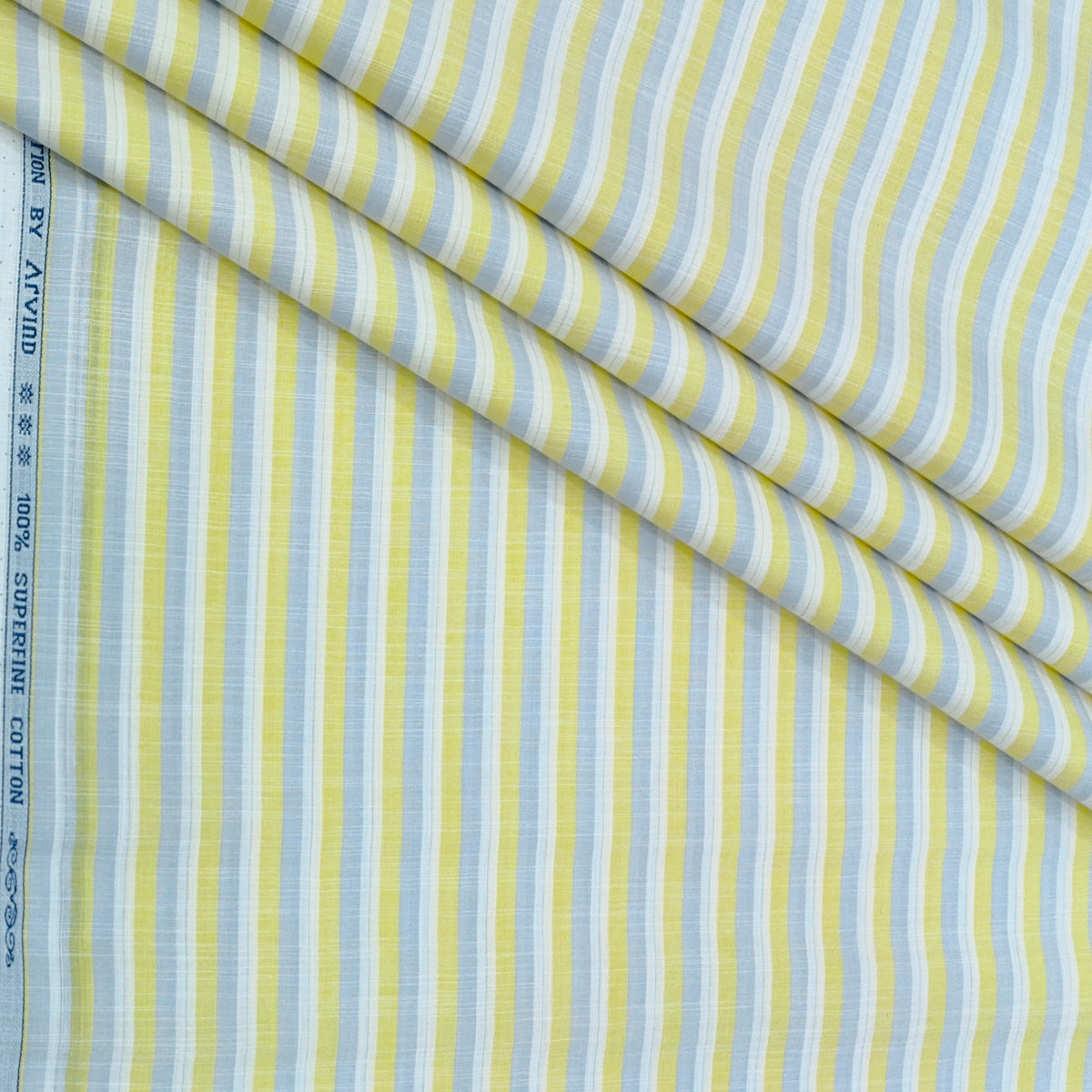 Shirt Fabric Arvind 100% Pure Cotton Vertical Stripes Colour Butter Yellow N Grey