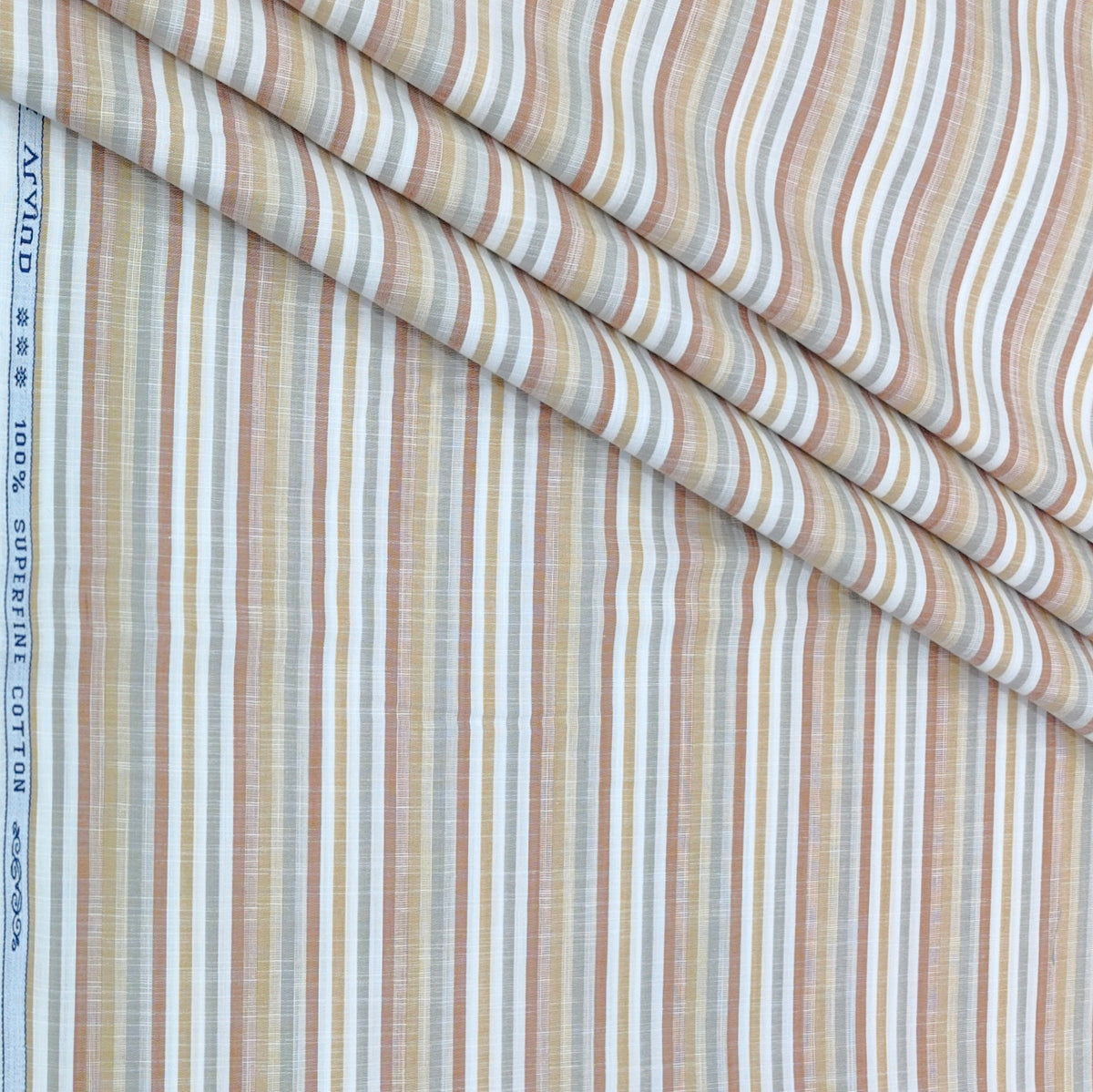 Shirt Fabric Arvind 100% Pure Cotton Vertical Stripes Colour Rust Brown, Soft Grey N Crisp White