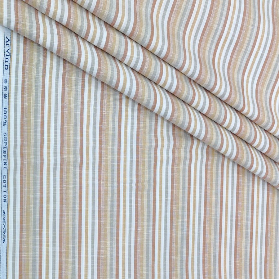 Shirt Fabric Arvind 100% Pure Cotton Vertical Stripes Colour Rust Brown, Soft Grey N Crisp White