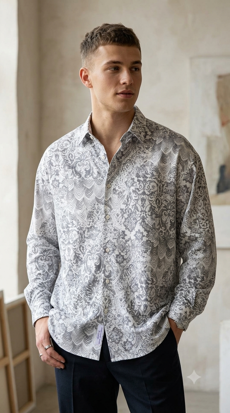 Shirt Fabric Soktas Finest 60s Giza Cotton Digital Print Colour Grey N White