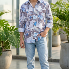 Shirt Fabric Soktas Finest 60s Giza Cotton Digital Print Colour Water Blue, Dusty Brown N White