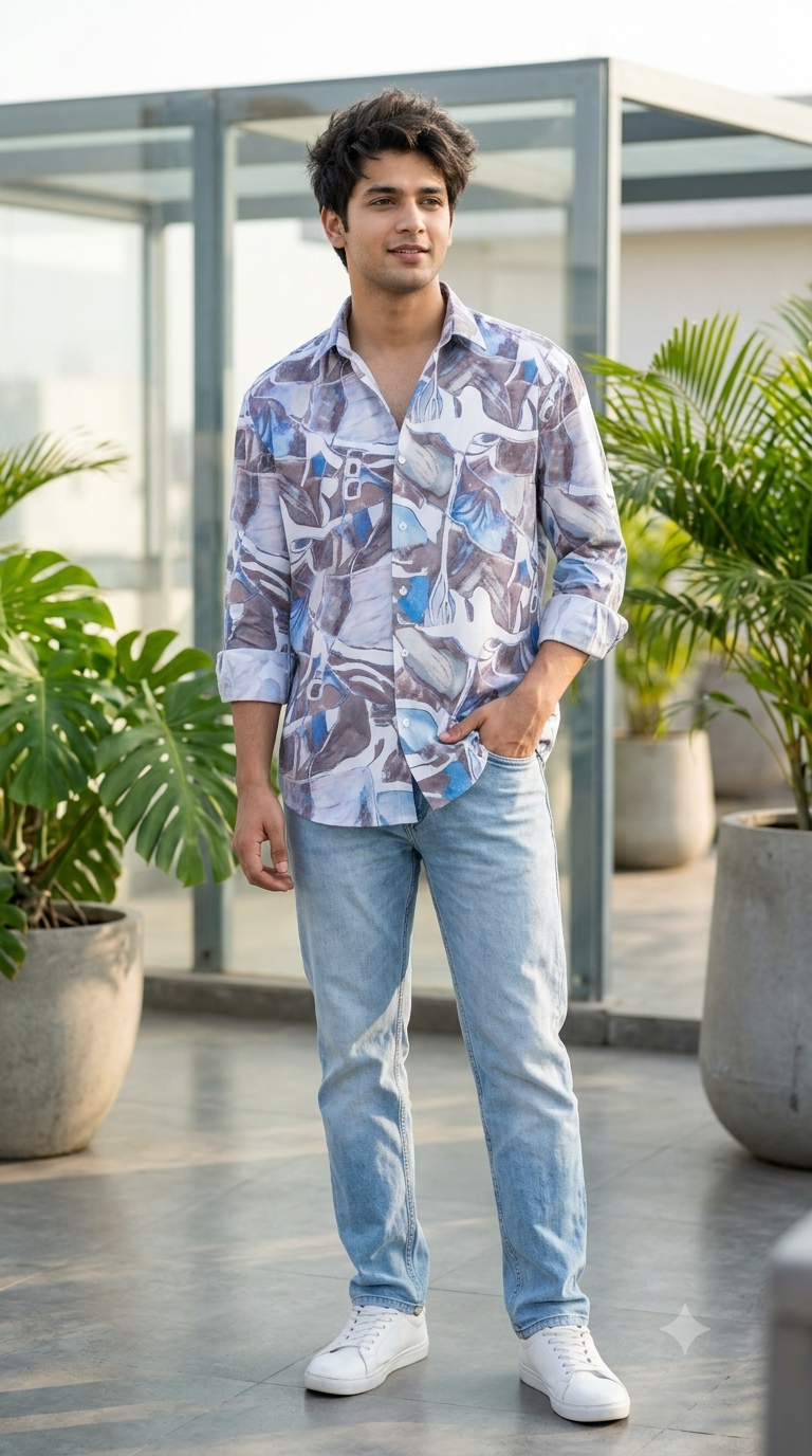 Shirt Fabric Soktas Finest 60s Giza Cotton Digital Print Colour Water Blue, Dusty Brown N White