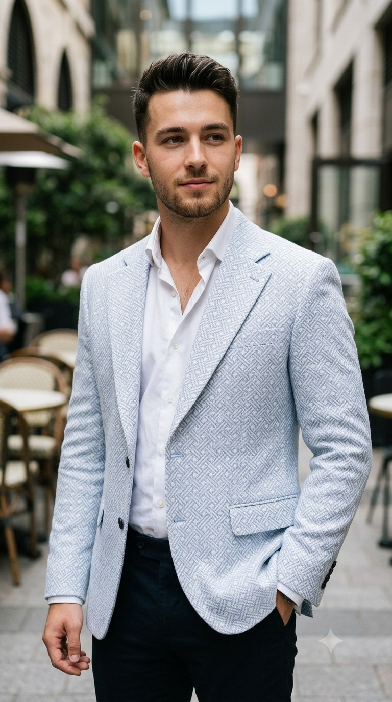 Blazer Fabric ManTire Italian Stretchable Jacquard Colour Blue N White