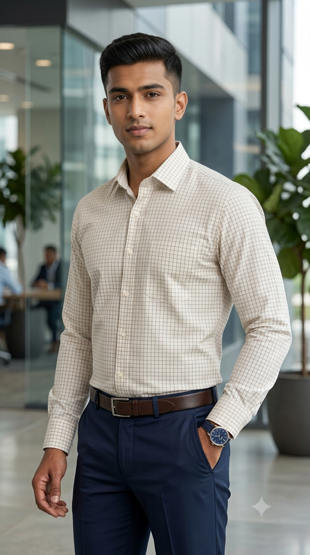 Shirt Fabric Donear Premium 100% Pure Cotton Windowpane Check Colour Blue N Ash Brown