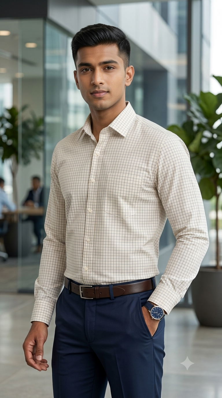 Shirt Fabric Donear Premium 100% Pure Cotton Windowpane Check Colour Blue N Ash Brown