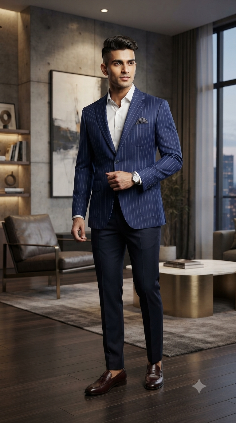 Blazer Fabric Raymond 55% Wool With Linen Chalk Stripes Colour Berry Blue