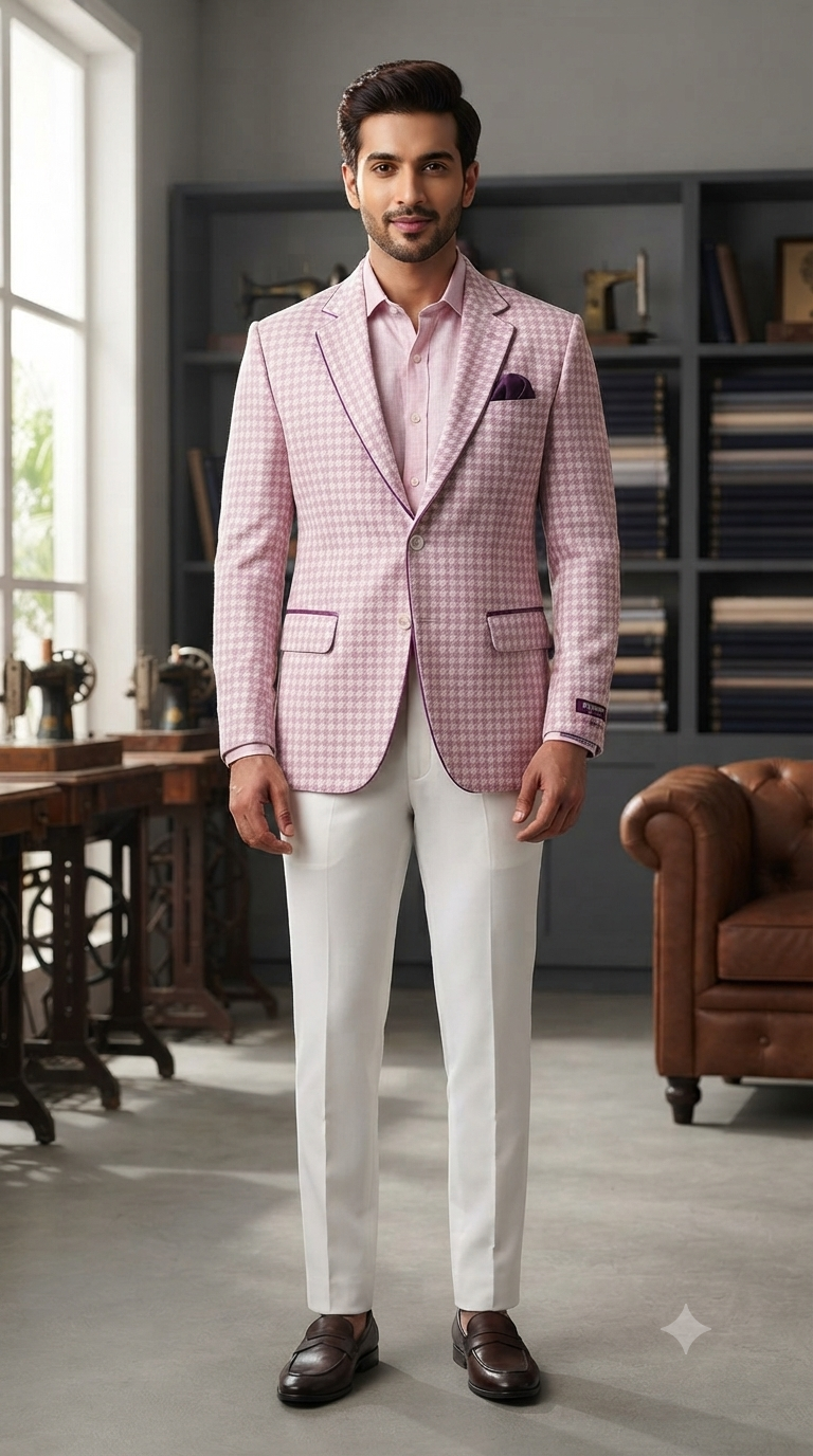 Blazer Fabric Raymond 55% Wool With Linen Windowpane Check Colour Dusty Pink N Off White