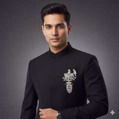 ManTire Premium Designer Bandhgala Suit Fabric With Handwork Colour Black