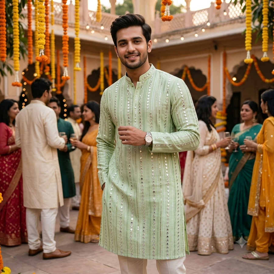 Kurta Fabric ManTire Designer Silk Embroidery Colour Mint Green