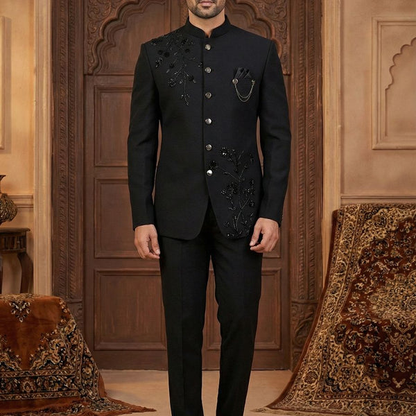 ManTire Premium Designer Bandhgala Suit Fabric With Handwork Colour Black