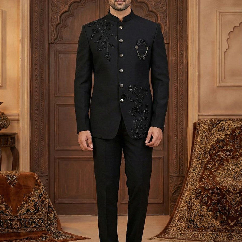 ManTire Premium Designer Bandhgala Suit Fabric With Handwork Colour Black