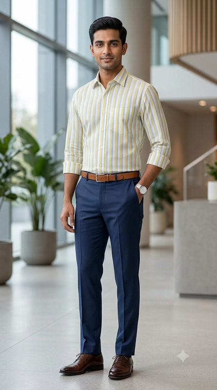 Shirt Fabric Arvind 100% Pure Cotton Vertical Stripes Colour Butter Yellow N Grey